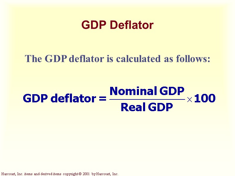 GDP Deflator The GDP deflator is calculated as follows: